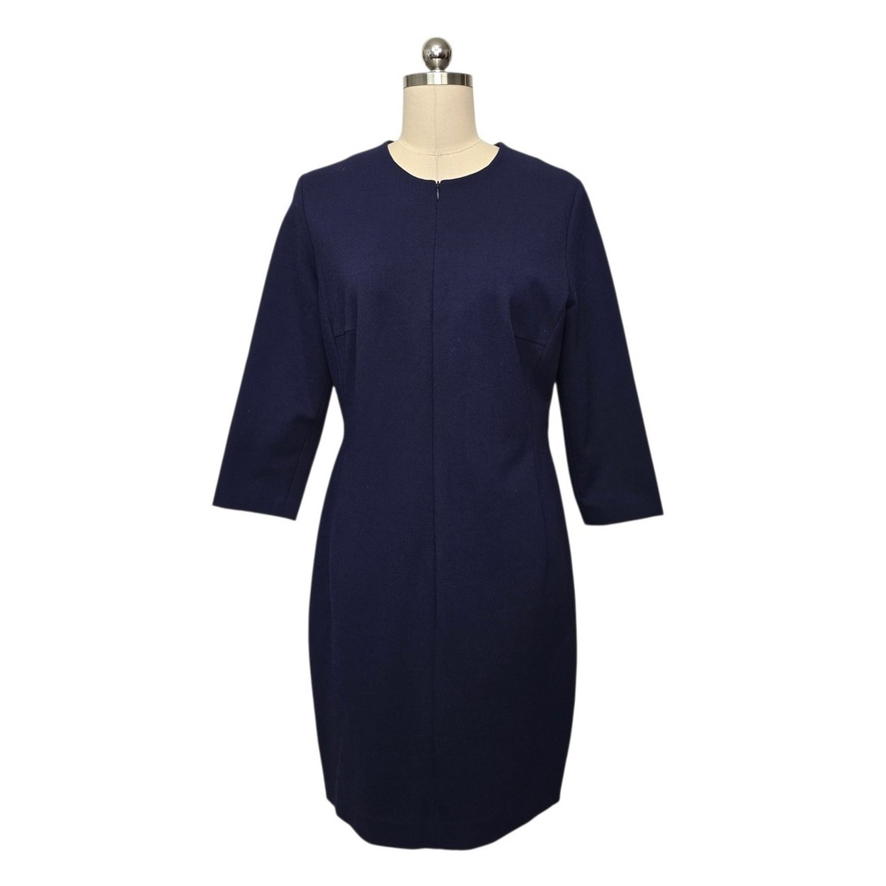 Escada Navy Blue Lace Up Back Sheath Dress 3/4 Sleeve Size 42 US 10